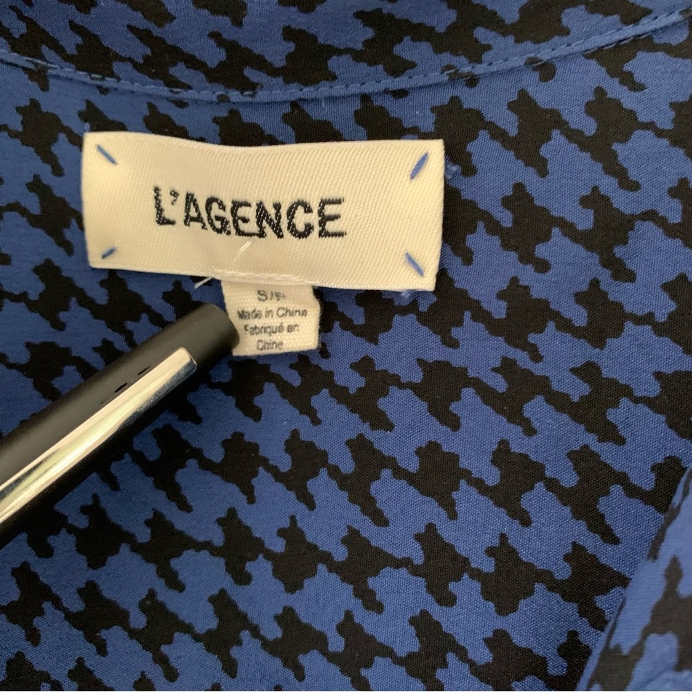 SOLD L’agence Cameron Shirt Dress Blue & Black Sz S 100% Silk Houndstooth - Picture 2 of 10